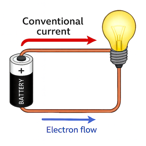 Diagram showing conventional current from positive to negative and electron flow from negative to positive